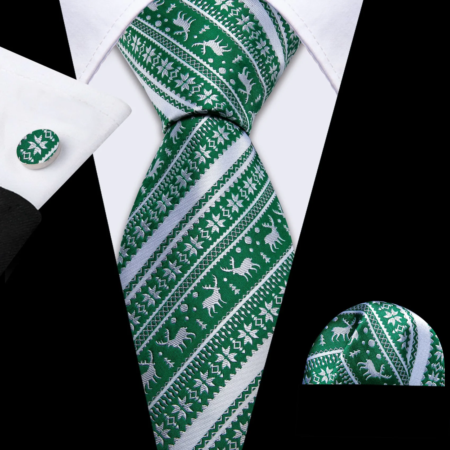 Barry Wang Christmas Tie Green White Elk Men's Striped Tie Handkerchief Cufflinks Set