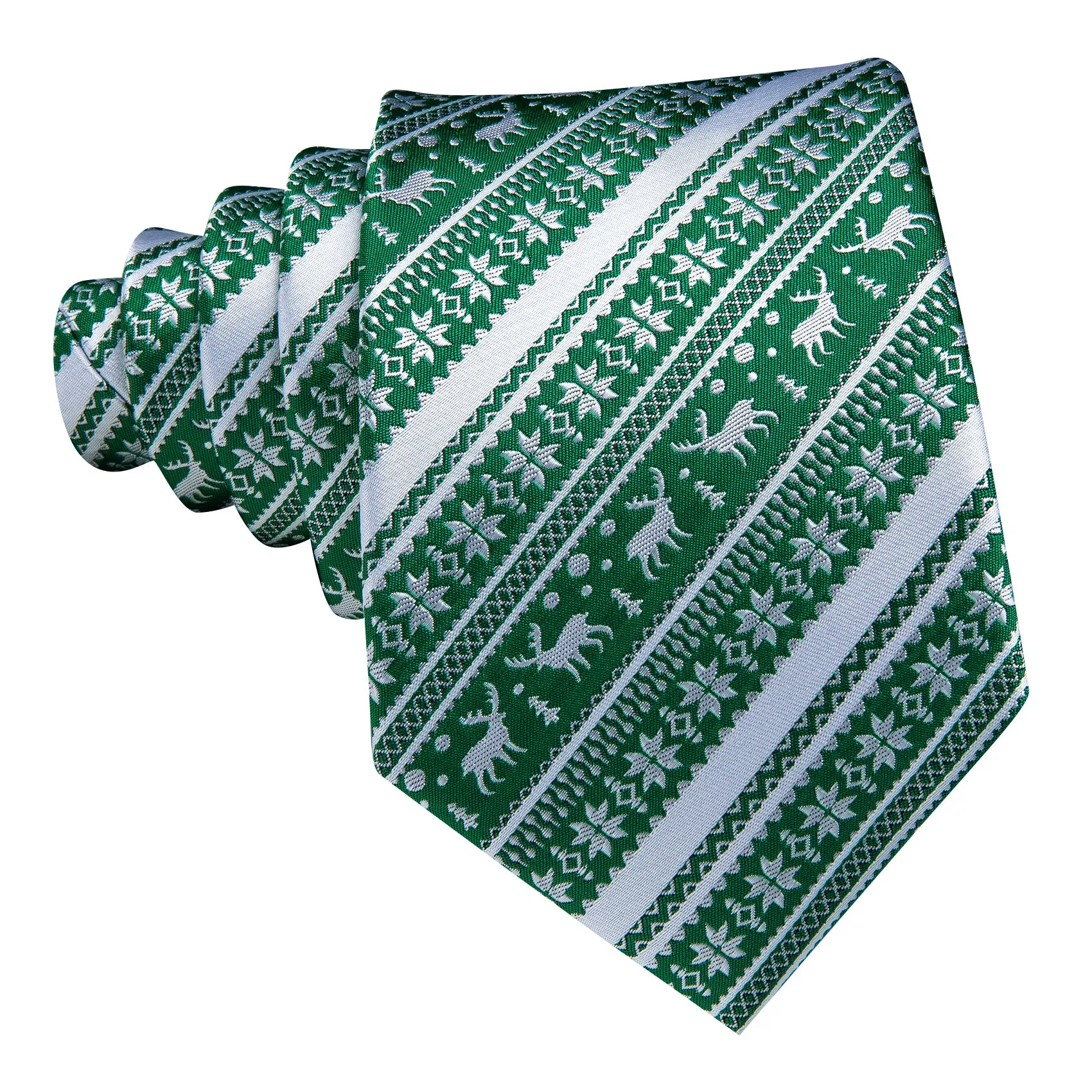 Barry Wang Christmas Tie Green White Elk Men's Striped Tie Handkerchief Cufflinks Set