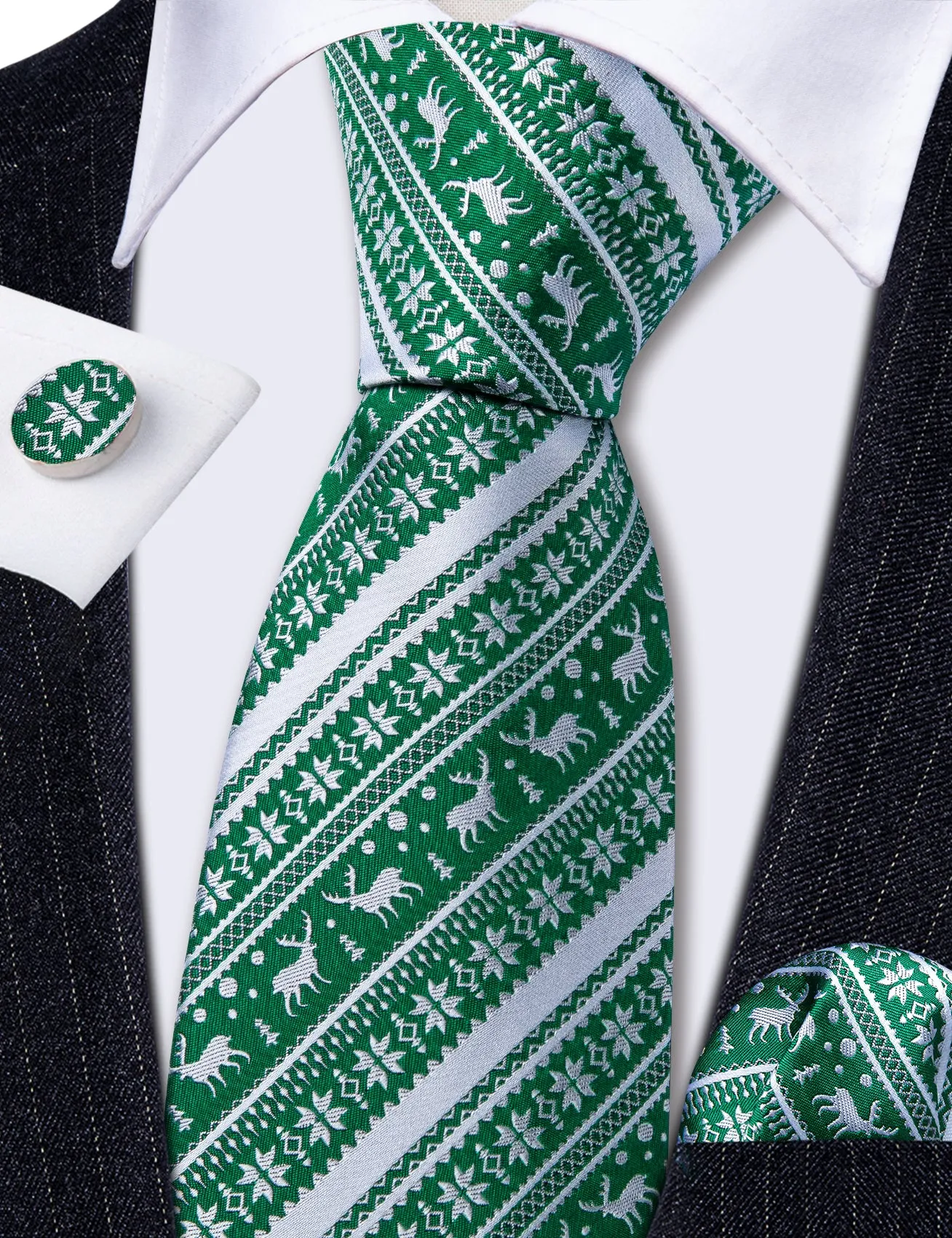 Barry Wang Christmas Tie Green White Elk Men's Striped Tie Handkerchief Cufflinks Set