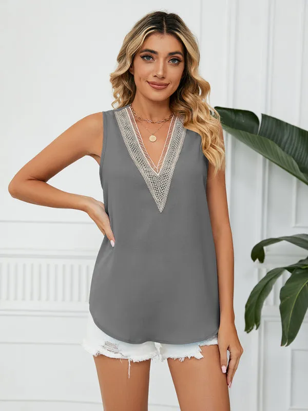 Cosette Women's Solid Color Chiffon Loose V Neck Sleeveless Tank Top