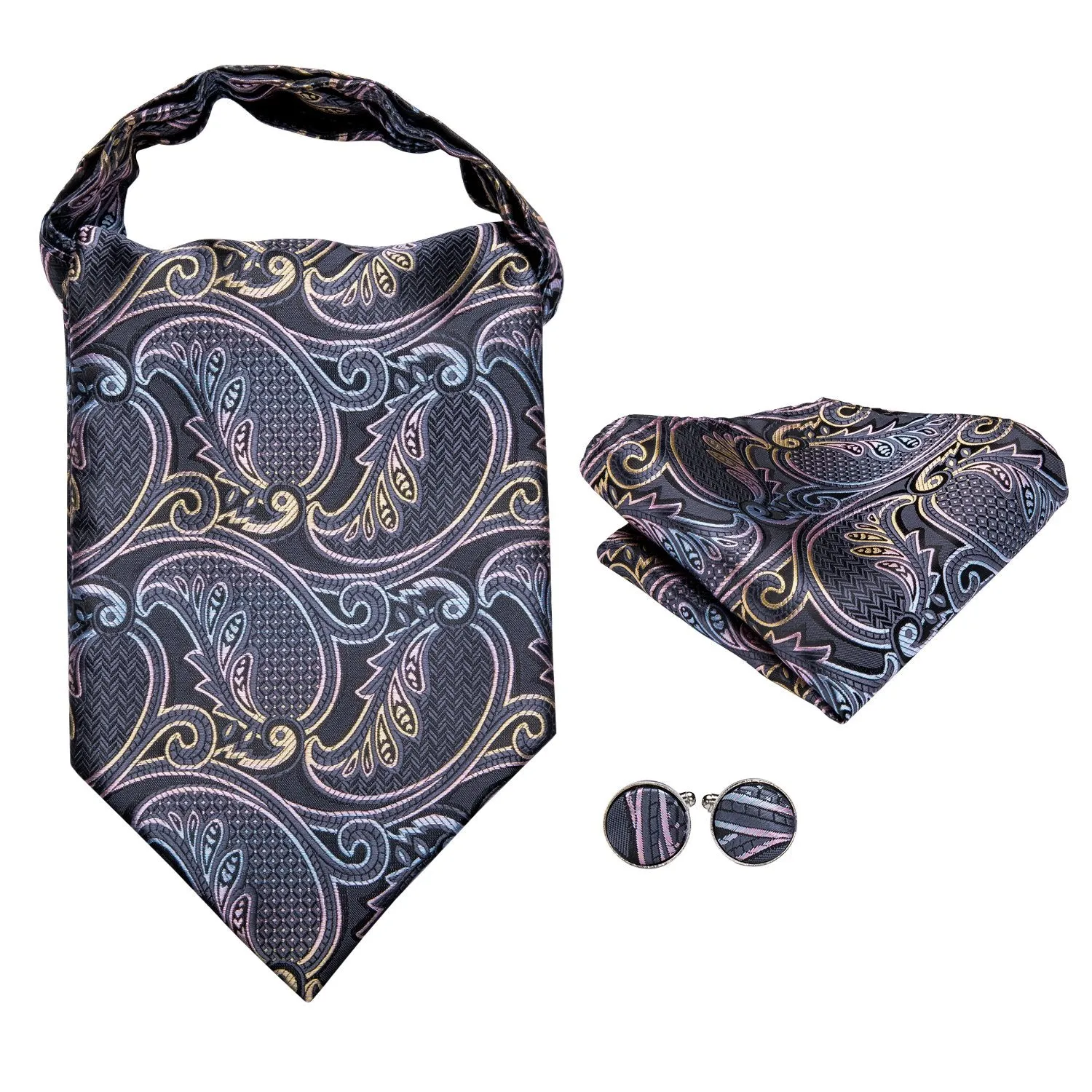 Hi-Tie Grey Pink Paisley Silk Ascot Tie Pocket Square Cufflinks Set